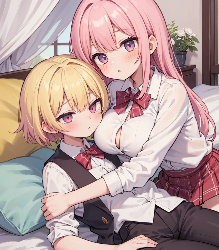masterpiece, Highest quality, so beautiful, absurdists,High resolution,One girl, One boy,Cuddling in bed, like,sexly,Look at each one, blush,Age difference,bow tie,blondes,chest,Long Hair,Pink Hair,Tucked in shirt,short hair,skirt,Tent shirt,Slut,Big breasted sister and brother,Siblings, trousers,Pushing her big tits against her brother,(My brother's small erect penis),((((姉のvery huge breasts,Sister crushes her big tits in her brother's face)))),(((((Very huge breasts))))),(((((small penis,NSFW,Soft Very HUGE breasts))))),((Bursting Breasts,弟の顔を隠すHuge breasts)),((((((((Huge breasts,Large Breasts,とてもLarge Breasts、すごくLarge Breasts、とてつもなくLarge Breasts)))))))),Two people gazing at each other,puffy nipples,(Face crushed by boobs,Huge breastsを弟の体に乗せる,Covering her mouth with her ,Breasts covering the face)),((huge breasts))