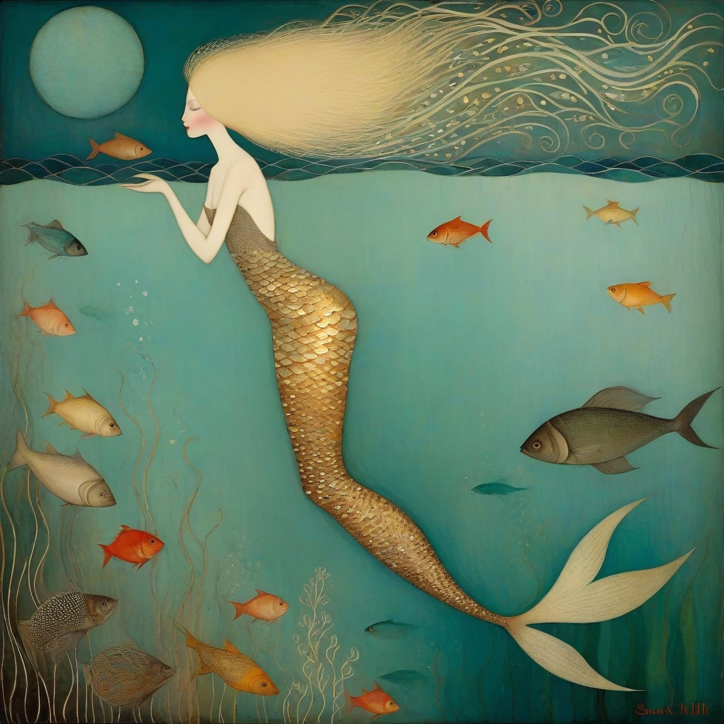 Art style by Klimt, Sam Toft, Florine Stettheimer, Dina Wakley, Catrin Welz-Stein, Gabriel Pacheco, Elisabeth Fredriks. A beautiful girl with ash-blond hair swims like a mermaid moving her beautiful human legs. Next to her a large fish taill