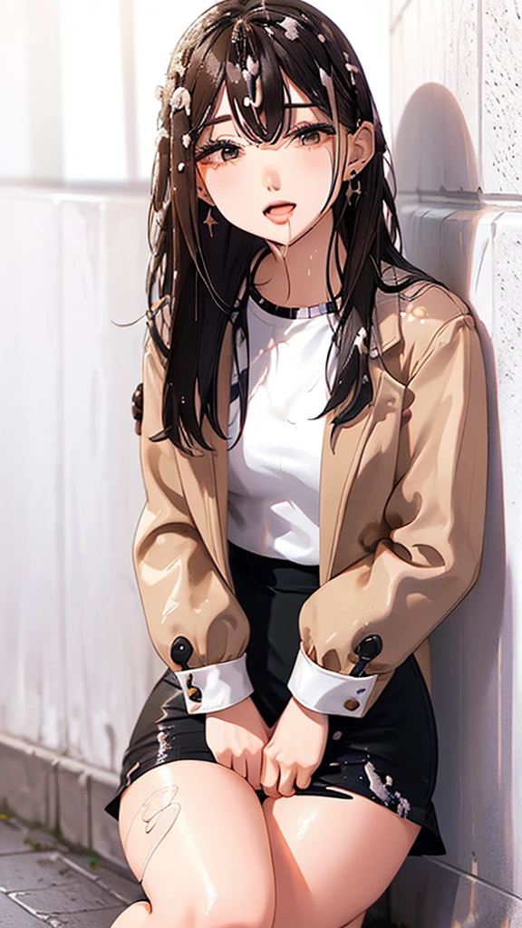 /quality
(masterpiece,best quality,High resolution,高quality,Realistic)
/HairstylesStraight Hair
/Clothes
(Pencil Skirt,White shirt,Black jacket,Torn pantyhose:1.5,Earrings)
/Pose Crouching,sit
Leaning against a wall,
Spread your legs:1.5
(Ahegao,??????,vapor:1.5,Wish:1.5),
/Other Crowds:1.5,Fair skin,Feet Focus,Leaning against a wall,male,hand of:1.5,night, roadside,ID card,White chocolate:1.5