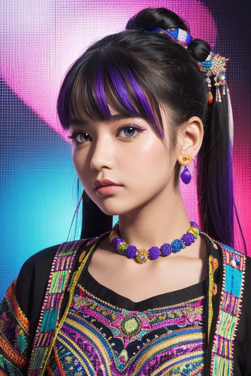 (Absurd, High resolution, Super detailed), (One girl:1.3), Twin tails, Purple Hair, break , Glitch Art, Digital Distortion, Pixelated Fragments, Data Corruption, Colorful Noise, Visual clutter, contemporary aesthetics break , Enamel Art, Glass-like surface, Vibrant colors, Glossy finish, Reflective Texture, Richly pigmented, fluid forms break , Ethnic Style, Traditional attire, Vivid patterns, Handmade textiles, Cultural Motifs, Beaded Jewelry, Artisan handmade accessories