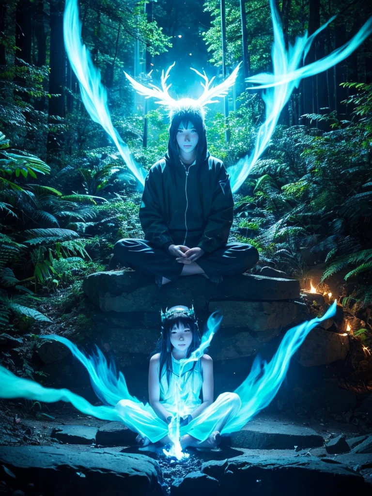 gin、Green Demon、Blue Flame、Blue Fire、sitting cross-legged、sitting cross-leggedで座る、Floating in the air、forest、Late Night、Apparition、mysterious、spirit、Illusion、Looking this way、Copyright circumvention、male、Young people、devil、photograph、Wear it on your head、Looking down、dark、darkness、