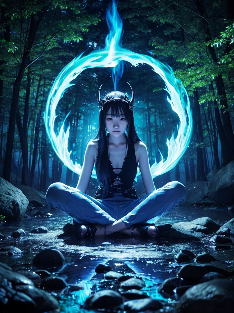 gin、Green Demon、Blue Flame、Blue Fire、sitting cross-legged、sitting cross-leggedで座る、Floating in the air、forest、Late Night、Apparition、mysterious、spirit、Illusion、Looking this way、Copyright circumvention、male、Young people、devil、photograph、Wear it on your head、Looking down、dark、darkness、