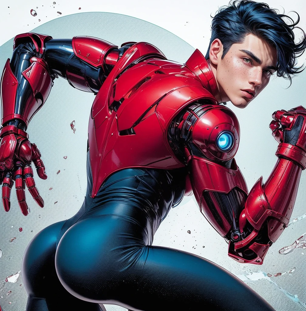 American classic comic book art: handsome ethereal young man, navy blue hair with perky, bright red robotic arms, bright red jacket, high collars, martial agility, hero bodysuit tight navy black, big butt, beautiful thighs, tight navy leggings, magenta red robotic boots, very young face, ethereal male body, nice big butt, freckles, classic comic book