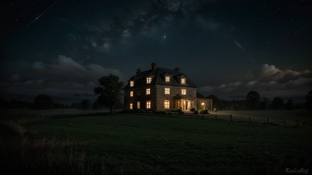 An old country house under a starry sky, surrounded by fog in dark.