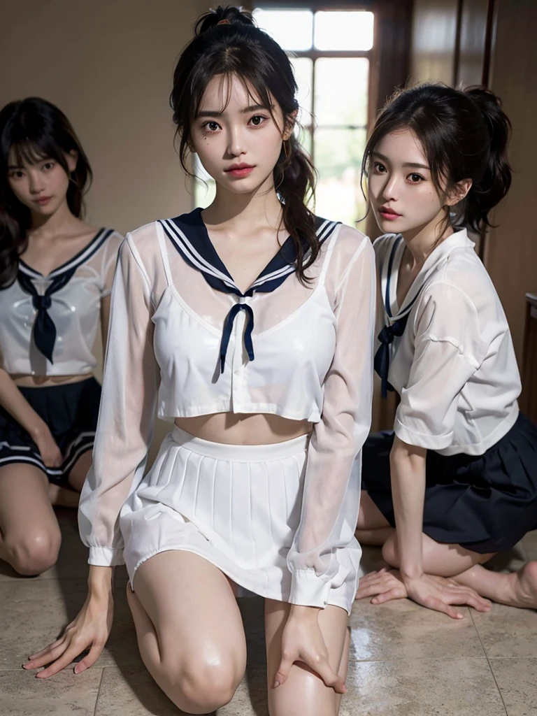 1:1、((Mizuki Yamashita 1.10))、toilet seat、(RIDE GOOD)、Touching the chest、(Lesbian)、(Panty shot)、((high-Ponytail))、(Twin tails)、((See-through clothing))、(See-through skirt)、(See-through jacket)、((Clothes are see-through and underwear is visible))、(Sit with your knees up)、White panties、Leg spread、((Touching the chest))、((toilet))、((On all fours))、((Girl sitting))、excretion、Dirt、dirty、Soaking wet、White turbid liquid、absurdres, RAW photo, extremely delicate and beautiful, masterpiece, Best Quality, ultra high resolution, 16K, hyperrealistic, ultra-detailed, Very detailed CG 8k wallpaper, Beautiful Lighting, Perfect Lightning, Realistic Shadows, perfect anatomy, super Detailed skin, perfect figure, Japanese woman, late 20s, very Slim body, narrow waist, very small head, handsome detailed woman, very detailed eyes and face, realistic face proportions, Stunning detailed eyes, Realistic beautiful face, very small face, Realistic small beautiful eyes, double eyelids, makeup, tearful mole, mole on chest, earring, Bare legs, beautiful and very thin legs, beautiful and very thin thighs, (very huge round breasts:1.3), short hair, wavy hair, sweat, full body shot, (3 girls:1.5), (sailor suit:1.3),Brown Hair、((バックハグ))、((舐め合う))、