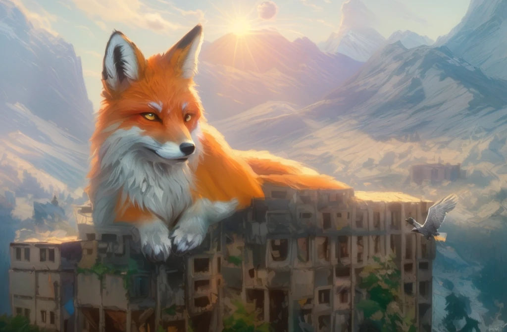 Magic Digital Illustration, surrealism, sunrise, abandoned city in the mountains, green forest grow on the mountains, huge cute spirit fox lying on a building, mountain eagle flying in the foreground, the sun is shining on the right, calm peaceful atmosphere, natural light, magical light, visible brush strokes, (( Artem Chebokha, Devin Elle Kurtz, (Rossdraws style) )), Peter Morbacher style, awarded at artstation, cinematic light