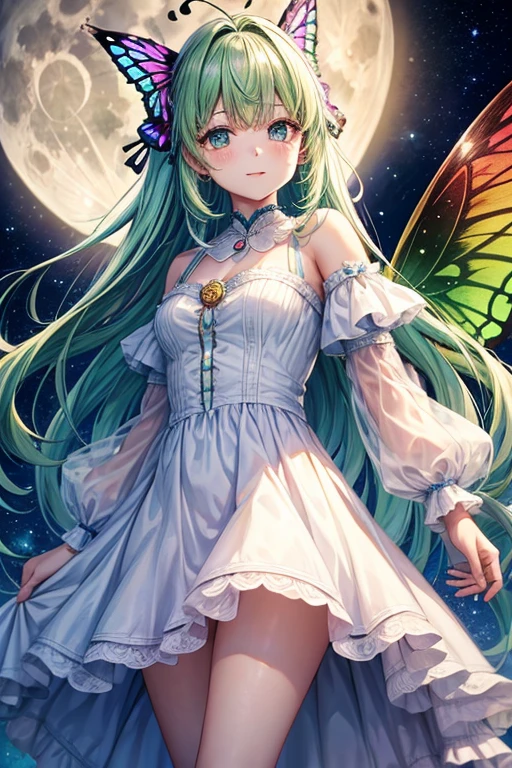 A girl with rainbow butterfly wings on her shoulders,full moon,アニメ風巻きhair,hair_Money,eye_green,White Dress,One woman,