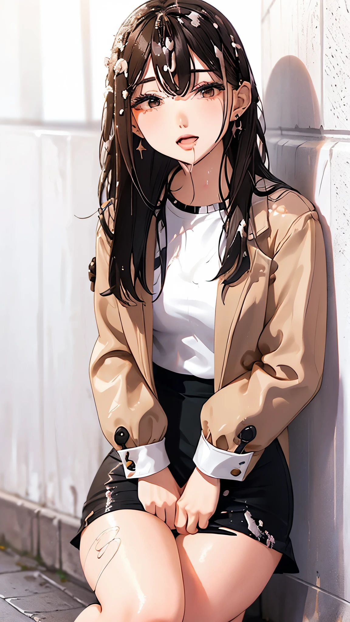 /quality
(masterpiece,best quality,High resolution,高quality,Realistic)

/HairstylesStraight Hair

/Clothes
(Pencil Skirt,White shirt,Black jacket,Torn pantyhose:1.5,Earrings)

/Pose Crouching,sit
Leaning against a wall,
Spread your legs:1.5

(Ahegao,orgasm,vapor:1.5,Wish:1.5),

/Other Crowds:1.5,Fair skin,Feet Focus,Leaning against a wall,male,hand of:1.5,night, roadside,ID card,White chocolate:1.5