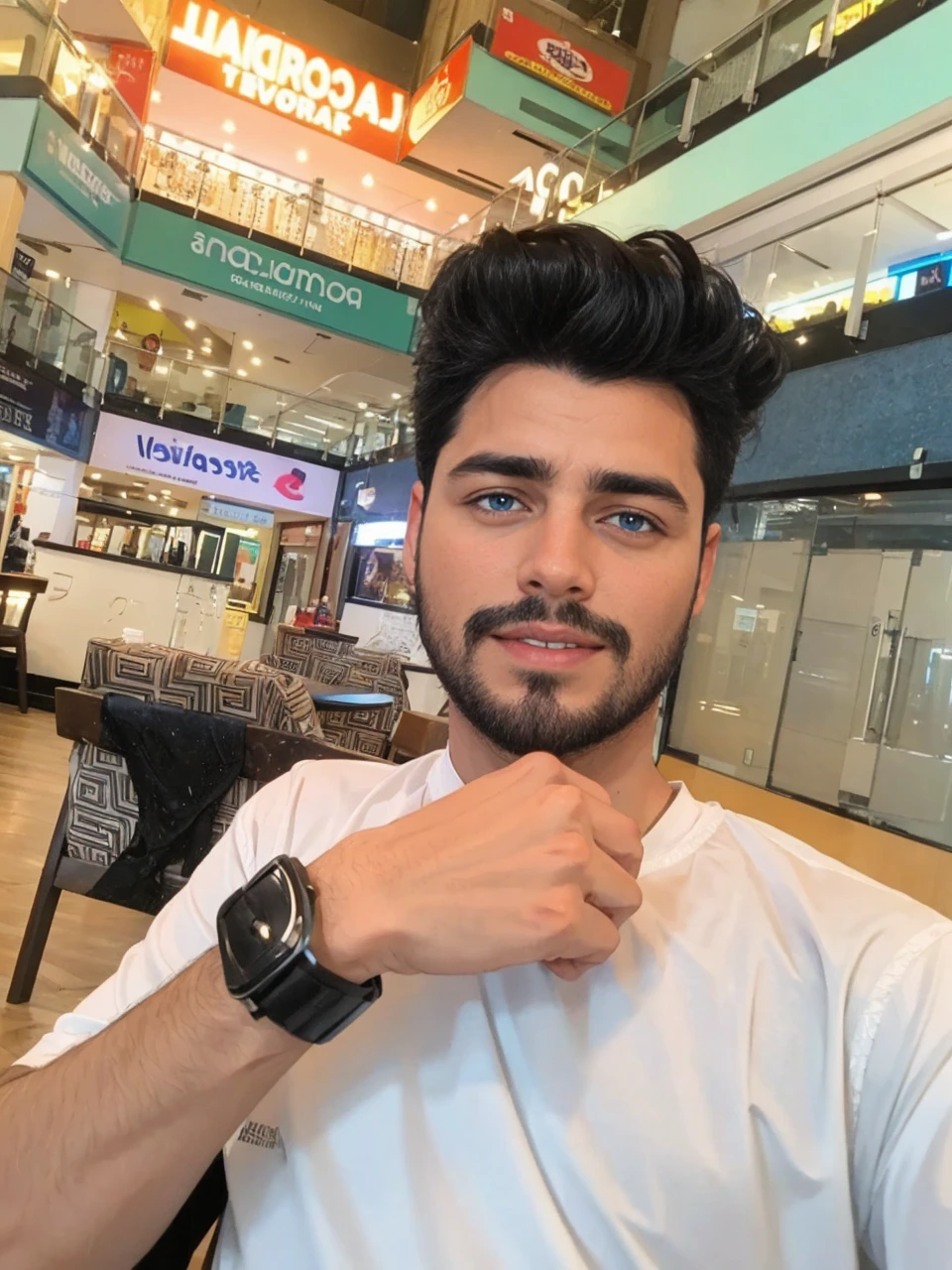 masterpiece, best quality:1.4), portrait Solo, Handsome man, european, blue eyes, black hair, long black hair, pony tail, pale skin, casual clothes, serious eyes,