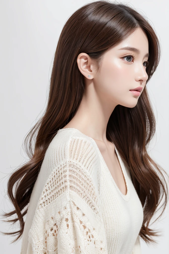 (Highest quality、Tabletop、8K、Best image quality、Award-winning works)、((profile:1.4))、ear、((Medium Hair:1.46)),(Brown Hair)、(White casual clothes:1.2)、(The simplest pure white background:1.3)、(Perfectly fixed in front:1.1),(Portrait with Space:1.2)、Beautiful and exquisite、Perfect Makeup、Ultra-high definition beauty face、Ultra HD Hair、Ultra HD Shining Eyes、Super high quality glossy lip、Accurate anatomy、Very beautiful skin、(Pure white skin shining in ultra-high resolution:1.1)、(Very bright:1.2),Big Natural Color Lip、Lip gloss,Harajuku、cute、cute美人