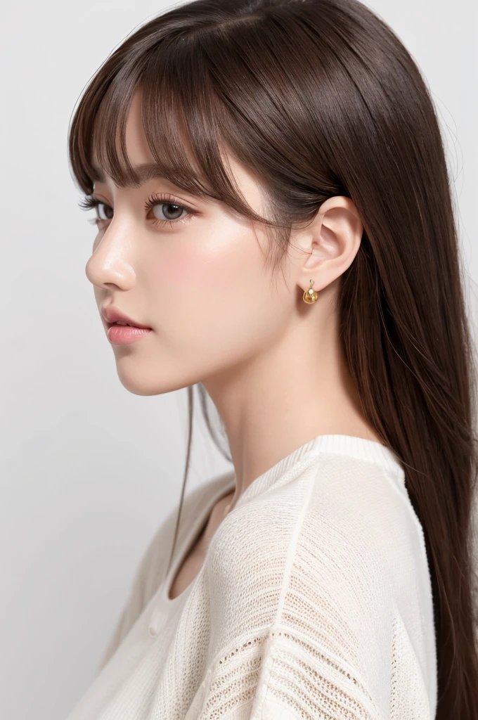 (Highest quality、Tabletop、8K、Best image quality、Award-winning works)、((profile:1.4))、ear、((Medium Hair:1.46)),(Brown Hair)、(White casual clothes:1.2)、(The simplest pure white background:1.3)、(Perfectly fixed in front:1.1),(Portrait with Space:1.2)、Beautiful and exquisite、Perfect Makeup、Ultra-high definition beauty face、Ultra HD Hair、Ultra HD Shining Eyes、Super high quality glossy lip、Accurate anatomy、Very beautiful skin、(Pure white skin shining in ultra-high resolution:1.1)、(Very bright:1.2),Big Natural Color Lip、Lip gloss,Harajuku、cute、cute美人