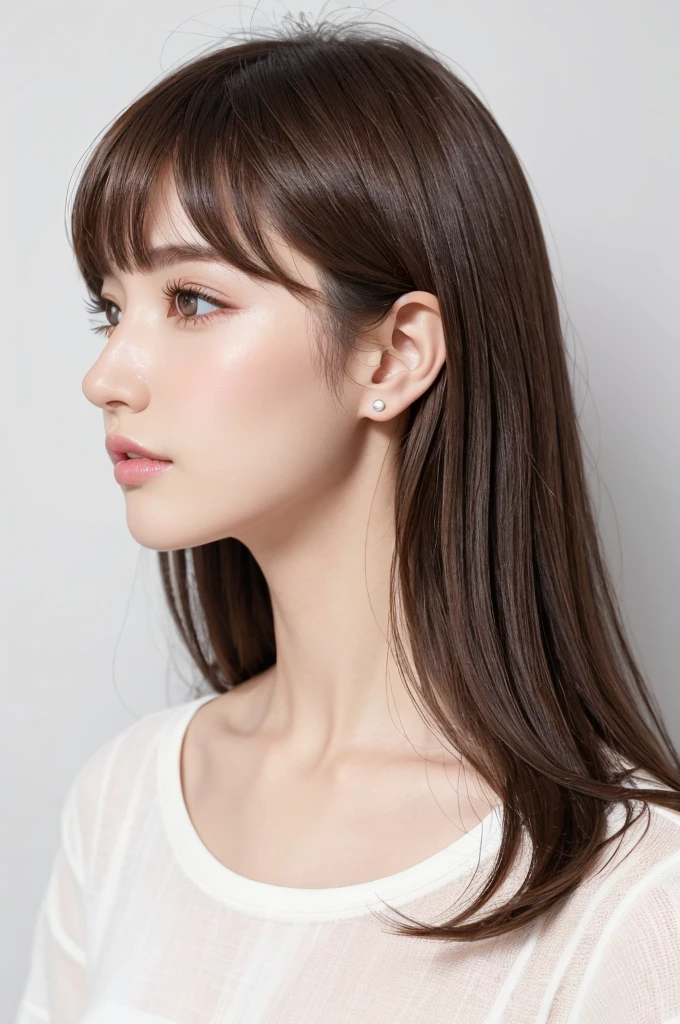 (Highest quality、Tabletop、8K、Best image quality、Award-winning works)、((profile:1.4))、ear、((Medium Hair:1.46)),(Brown Hair)、(White casual clothes:1.2)、(The simplest pure white background:1.3)、(Perfectly fixed in front:1.1),(Portrait with Space:1.2)、Beautiful and exquisite、Perfect Makeup、Ultra-high definition beauty face、Ultra HD Hair、Ultra HD Shining Eyes、Super high quality glossy lip、Accurate anatomy、Very beautiful skin、(Pure white skin shining in ultra-high resolution:1.1)、(Very bright:1.2),Big Natural Color Lip、Lip gloss,Harajuku、cute、cute美人