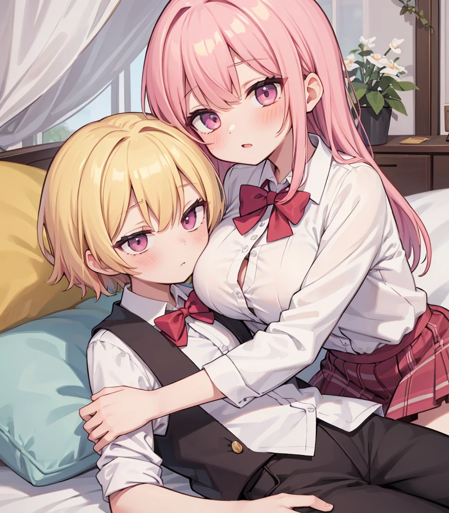 masterpiece, Highest quality, so beautiful, absurdists,High resolution,One girl, One boy,Cuddling in bed, like,sexly,Look at each one, blush,Age difference,bow tie,blondes,chest,Long Hair,Pink Hair,Tucked in shirt,short hair,skirt,Tent shirt,Slut,Big breasted sister and brother,Siblings, trousers,Pushing her big tits against her brother,(My brother's small erect penis),((((姉のvery huge breasts,Sister crushes her big tits in her brother's face)))),(((((Very huge breasts))))),(((((small penis,NSFW,Soft Very HUGE breasts))))),((Bursting Breasts,弟の顔を隠すHuge breasts)),((((((((Huge breasts,Large Breasts,とてもLarge Breasts、すごくLarge Breasts、とてつもなくLarge Breasts)))))))),Two people gazing at each other,puffy nipples,(Face crushed by boobs,Huge breastsを弟の体に乗せる,Covering her mouth with her ,Breasts covering the face)),((huge breasts))