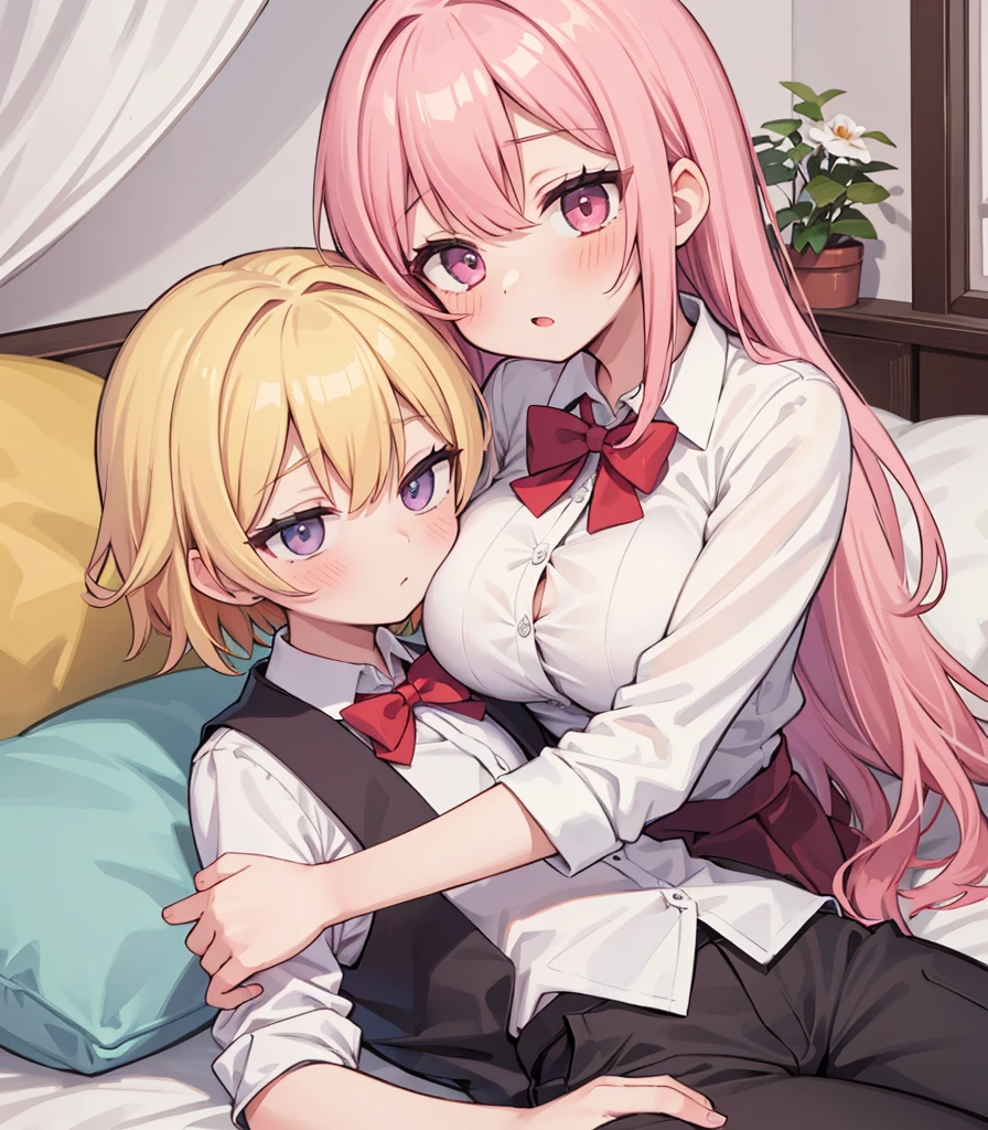 masterpiece, Highest quality, so beautiful, absurdists,High resolution,One girl, One boy,Cuddling in bed, like,sexly,Look at each one, blush,Age difference,bow tie,blondes,chest,Long Hair,Pink Hair,Tucked in shirt,short hair,skirt,Tent shirt,Slut,Big breasted sister and brother,Siblings, trousers,Pushing her big tits against her brother,(My brother's small erect penis),((((姉のvery huge breasts,Sister crushes her big tits in her brother's face)))),(((((Very huge breasts))))),(((((small penis,,Soft Very HUGE breasts))))),((Bursting Breasts,弟の顔を隠すHuge breasts)),((((((((Huge breasts,Large Breasts,とてもLarge Breasts、すごくLarge Breasts、とてつもなくLarge Breasts)))))))),Two people gazing at each other,puffy nipples,(Face crushed by boobs,Huge breastsを弟の体に乗せる,Covering her mouth with her ,Breasts covering the face)),((huge breasts))