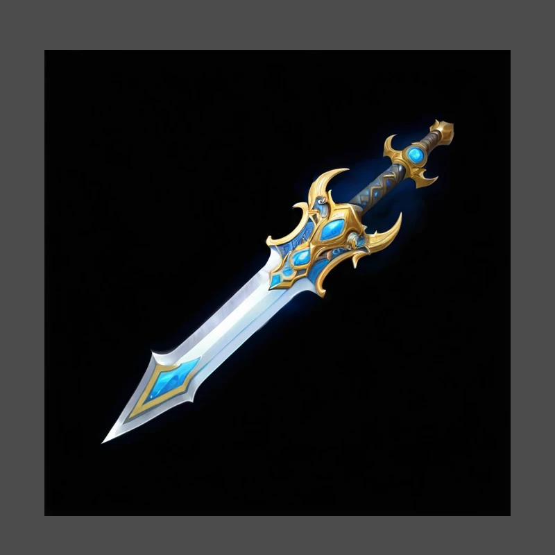 Close up of a sword with a blue and gold pattern, Fantasy Sword, Role Playing Game Items, Sword Design,