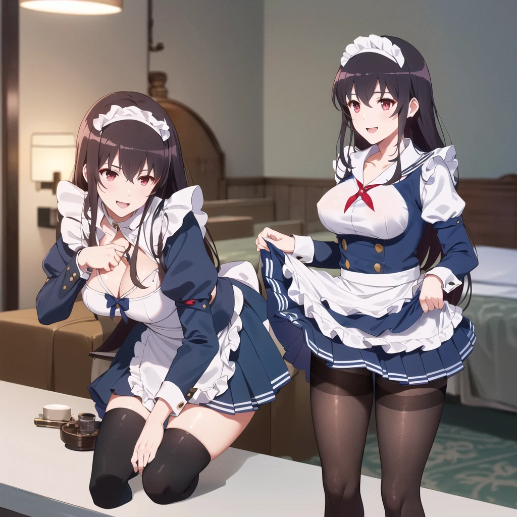 (((Tabletop, Highest quality, High resolution, Pixel perfect, Depth of written boundary, 4K, Pixel Perfect, Perfect in every detail,nsfw,,clothes lift,beautiful red eyes,large breasts,light smile,dpubic hair,alon,solo focus,clothes lift,1 girl,black thigh-high socks))((((hotel,maid)))),masterpiece, highest quality, High resolution, morning, Long Hair, Black Hair, hair band, , Sailor collar, Blue Blazer, Long sleeve, Pleated skirt, Blue Skirt, Black Pantyhose, standing, smile, Open your mouth,