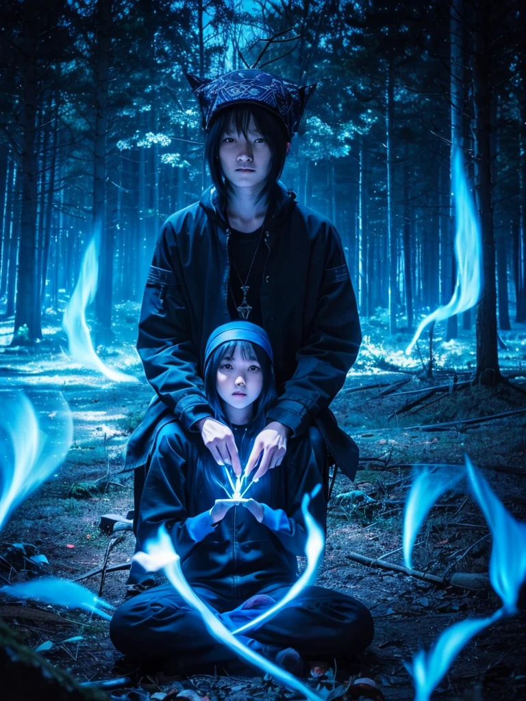 gin、Blue Flame、Blue Fire、sitting cross-legged、sitting cross-leggedで座る、Floating in the air、forest、Late Night、Apparition、mysterious、spirit、Illusion、Looking this way、Copyright circumvention、male、Young people、photograph、Wear it on your head、Looking down、dark、darknesagician