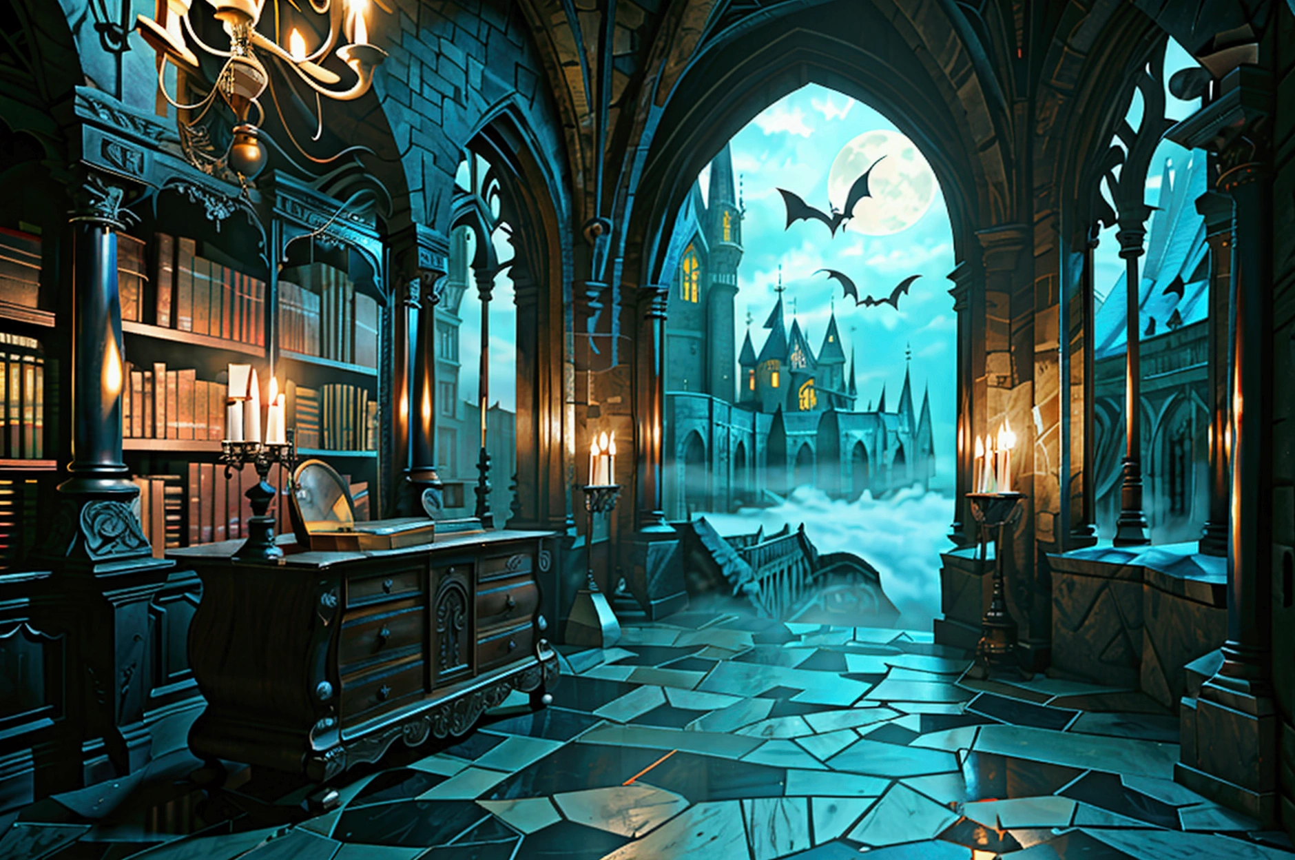 a dark and gloomy castle in Transylvania, gothic architecture, full moon, bats flying, fog, cobwebs, candlelight, ornate furniture, antique books, high contrast chiaroscuro lighting, cinematic angle, dramatic lighting, moody atmosphere, dark fantasy, gothic horror, (best quality,4k,8k,highres,masterpiece:1.2),ultra-detailed,(realistic,photorealistic,photo-realistic:1.37),dramatic,haunting,atmospheric,film noir