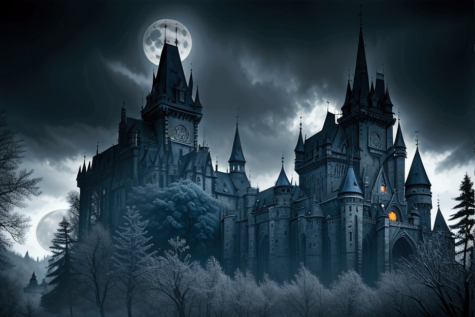 a dark and gloomy castle in Transylvania, gothic architecture, full moon, bats flying, fog, cobwebs, candlelight, ornate furniture, antique books, high contrast chiaroscuro lighting, cinematic angle, dramatic lighting, moody atmosphere, dark fantasy, gothic horror, (best quality,4k,8k,highres,masterpiece:1.2),ultra-detailed,(realistic,photorealistic,photo-realistic:1.37),dramatic,haunting,atmospheric,film noir