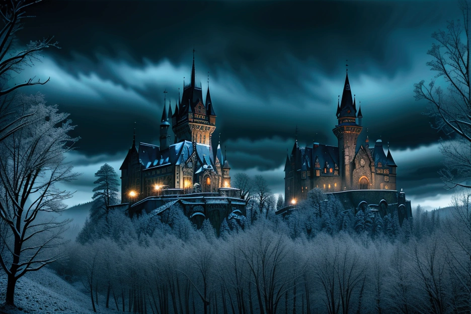 a dark and gloomy castle in Transylvania, gothic architecture, full moon, bats flying, fog, cobwebs, candlelight, ornate furniture, antique books, high contrast chiaroscuro lighting, cinematic angle, dramatic lighting, moody atmosphere, dark fantasy, gothic horror, (best quality,4k,8k,highres,masterpiece:1.2),ultra-detailed,(realistic,photorealistic,photo-realistic:1.37),dramatic,haunting,atmospheric,film noir