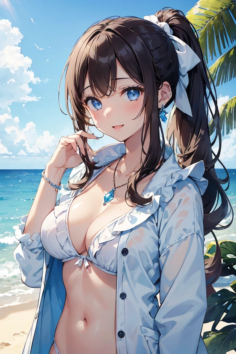 (((girl kawaii))), (a extremely delicate and beautiful girl), ((super fine illustrations)), (extremely delicate and beautiful), charactera girl, hand up, wet, girl, age girl, flowing hair, (high ponytail), (Long dark brown hair), beatiful detailed hair, extremely beautiful detailed anime face and eyes, (smile), complex details beautiful and delicate eyes, bright eyes, open mouth, cleavage, pale blue eyes, bright skin, Frill, hair bow, earrings, gem necklace, bracelet, (white bikini), cardigan, wet clothes, open coat, white Clothes, (beach), (blue sky), sunlight, back lighting, very detailed light, ((absurdres)), (((wallpaper 8k CG))), masterpiece,