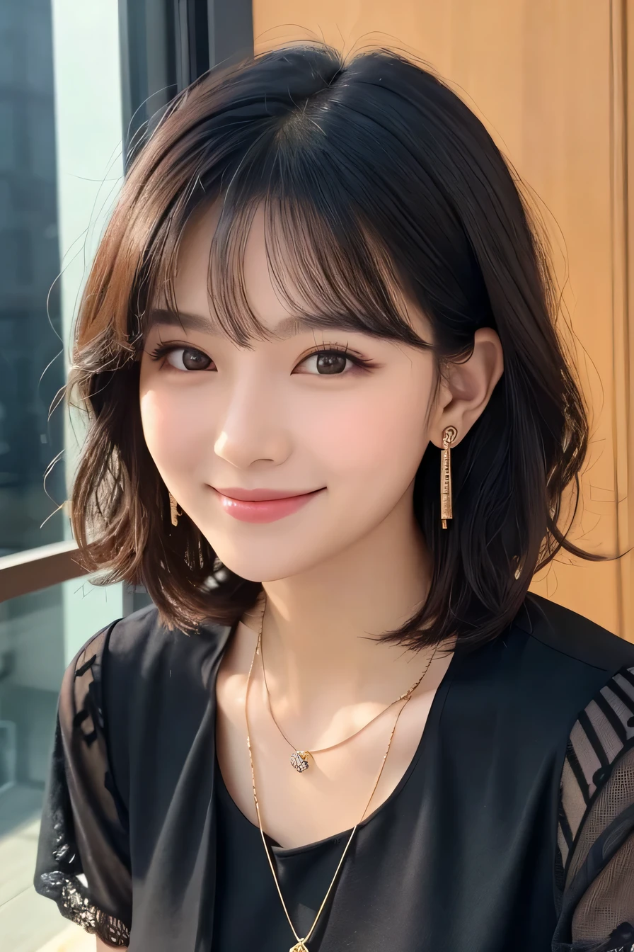 Beautiful young woman、Black Hair、Wavy Hair、short hair、ear piercing、Necklace around the neck、blouse、Closed Mouth Smile、Intricate details, Very detailed:1.2), 、 Looking into the camera,The background is the office