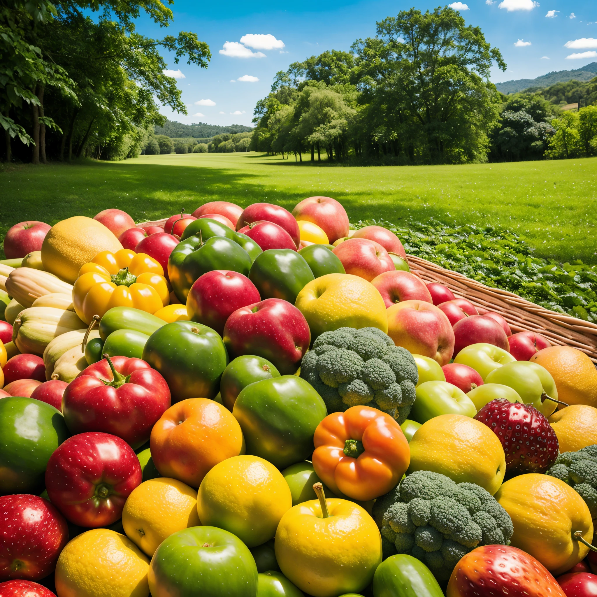 The background is idyllic,Fruits and vegetables take up a quarter of the image and are placed in the lower left and right corners.,The background should be blurred