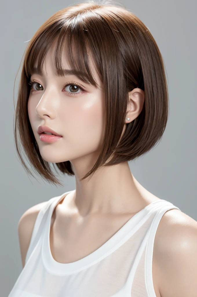 (Highest quality、Tabletop、8K、Best image quality、Award-winning works)、((profile:1.4))、ear、((Bob Hair:1.46)),(Brown Hair)、(White casual clothes:1.2)、(The simplest pure white background:1.3)、(Perfectly fixed in front:1.1),(Portrait with Space:1.2)、Beautiful and exquisite、Perfect Makeup、Ultra-high definition beauty face、Ultra HD Hair、Ultra HD Shining Eyes、Super high quality glossy lip、Accurate anatomy、Very beautiful skin、(Pure white skin shining in ultra-high resolution:1.1)、(Very bright:1.2),Big Natural Color Lip、Lip gloss,Harajuku、cute、cute美人