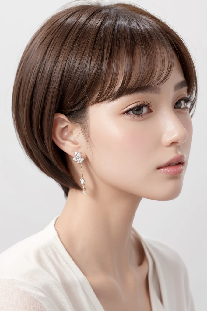 (Highest quality、Tabletop、8K、Best image quality、Award-winning works)、((profile:1.4))、ear、((Bob Hair:1.46)),(Brown Hair)、(White casual clothes:1.2)、(The simplest pure white background:1.3)、(Perfectly fixed in front:1.1),(Portrait with Space:1.2)、Beautiful and exquisite、Perfect Makeup、Ultra-high definition beauty face、Ultra HD Hair、Ultra HD Shining Eyes、Super high quality glossy lip、Accurate anatomy、Very beautiful skin、(Pure white skin shining in ultra-high resolution:1.1)、(Very bright:1.2),Big Natural Color Lip、Lip gloss,Harajuku、cute、cute美人