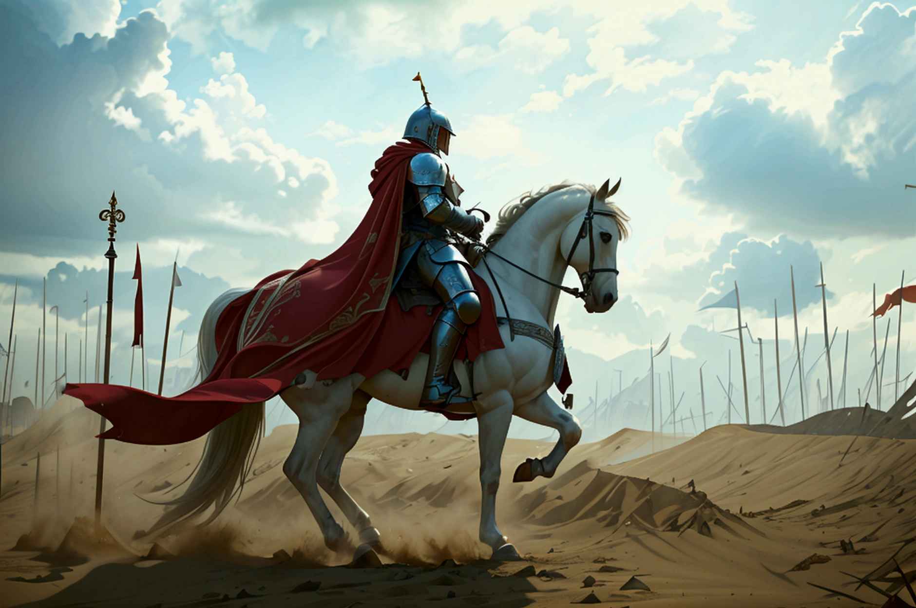 a knight on a white horse, renaissance, chivalric order, fighting the Ottoman Empire, detailed armor, ornate sword, medieval battlefield, billowing cloak, epic scale, dramatic lighting, muted color palette, cinematic composition, highly detailed, photorealistic, 8k, masterpiece