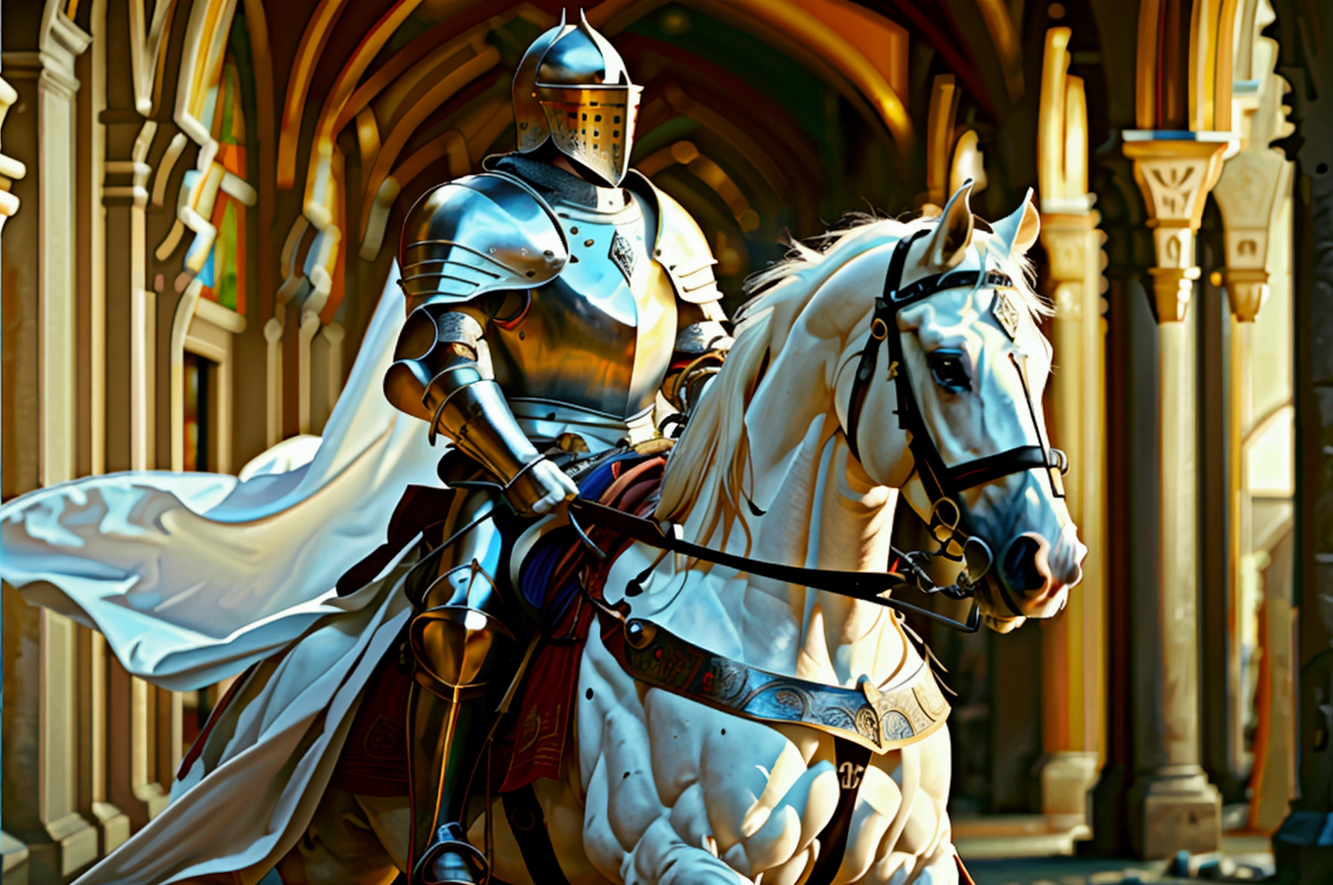 a knight on a white horse, renaissance, chivalric order, fighting the Ottoman Empire, detailed armor, ornate sword, medieval battlefield, billowing cloak, epic scale, dramatic lighting, muted color palette, cinematic composition, highly detailed, photorealistic, 8k, masterpiece