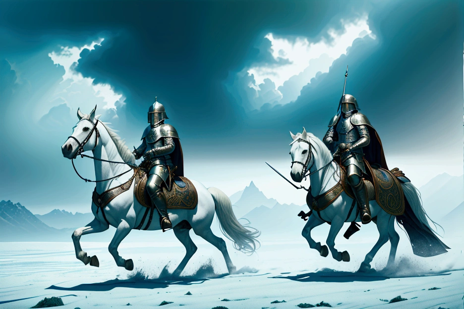 a knight on a white horse, renaissance, chivalric order, fighting the Ottoman Empire, detailed armor, ornate sword, medieval battlefield, billowing cloak, epic scale, dramatic lighting, muted color palette, cinematic composition, highly detailed, photorealistic, 8k, masterpiece