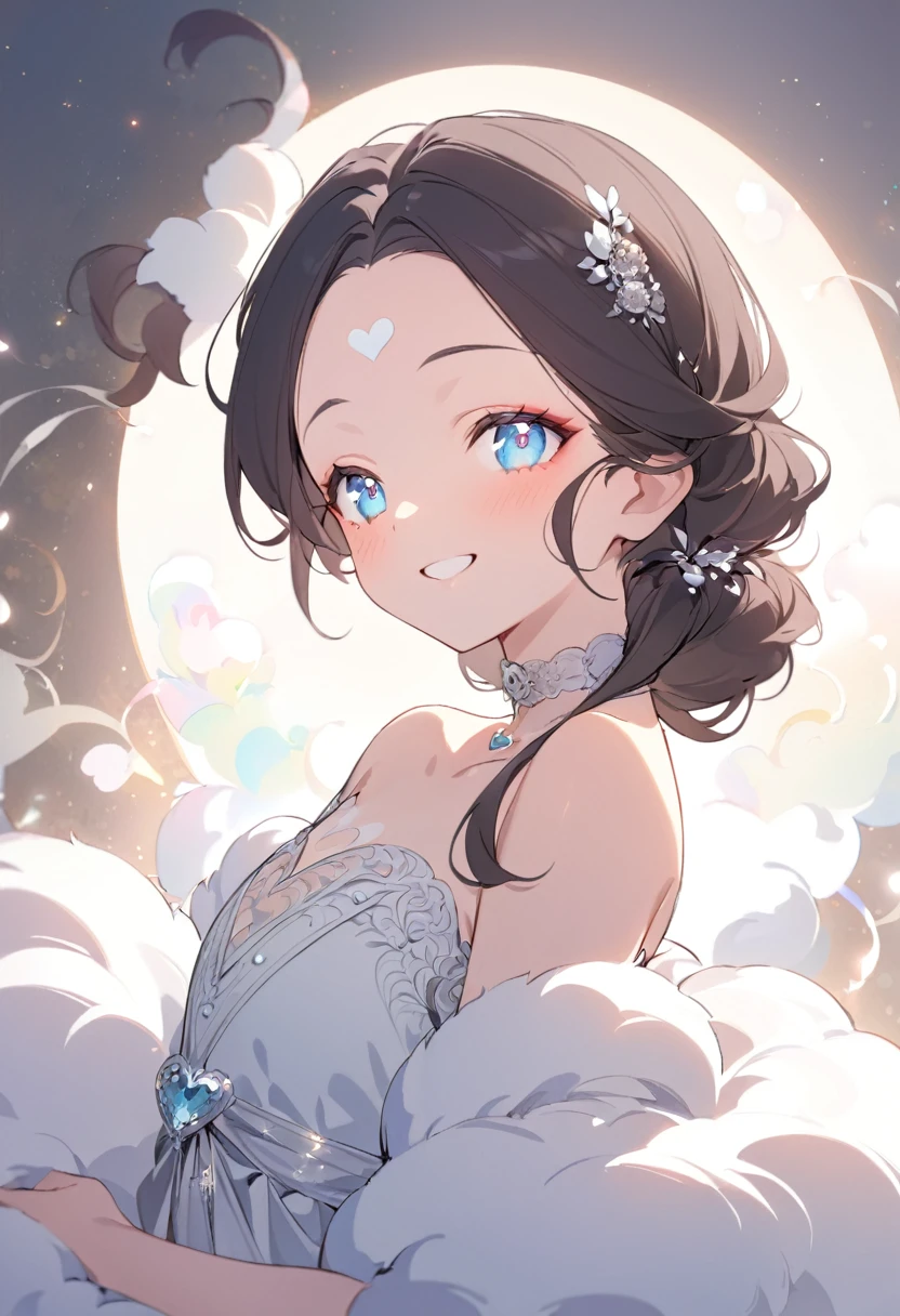 ( best quality:1.2), 1 Girl only,Solitary,forehead, Skin details, Beautiful facial features, ((fluffy dark hair)),Exquisite makeup, ((Exquisite eyes)), Eye details, he is 20 years old,wearing a beautiful dress, choker ,(((big smiling))),((dreaming theme)),happy,kindness,soft focus,white soft lighting,(((heart motif a lot)))