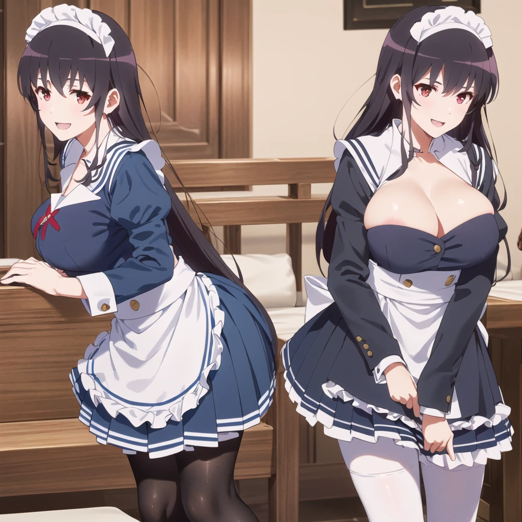 (((Tabletop, Highest quality, High resolution, Pixel perfect, Depth of written boundary, 4K, Pixel Perfect, Perfect in every detail,nsfw,,clothes lift,beautiful red eyes,large breasts,light smile,dpubic hair,alon,solo focus,clothes lift,1 girl,black thigh-high socks))((((hotel,maid)))),masterpiece, highest quality, High resolution, morning, Long Hair, Black Hair, hair band, , Sailor collar, Blue Blazer, Long sleeve, Pleated skirt, Blue Skirt, Black Pantyhose, standing, smile, Open your mouth,