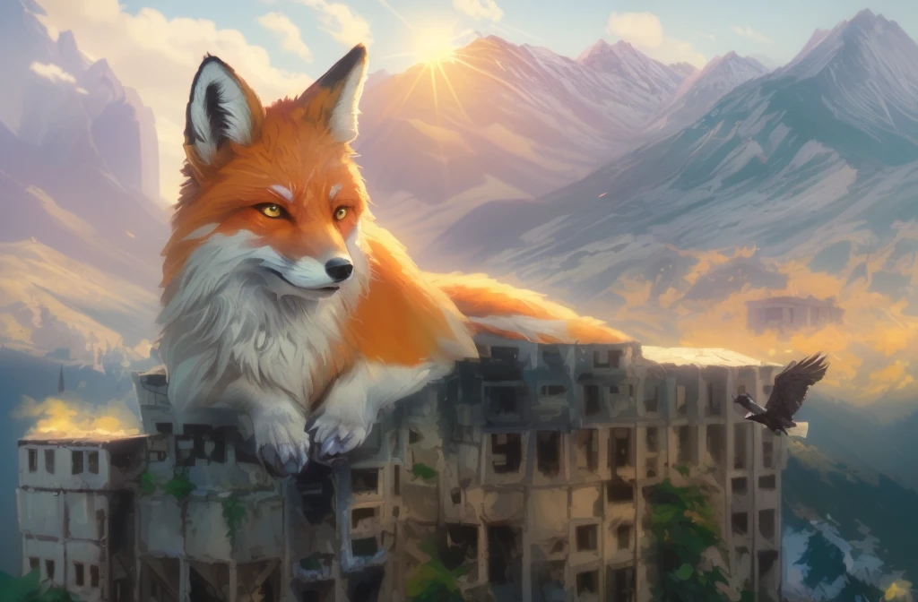 Magic Digital Illustration, surrealism, sunrise, abandoned city in the mountains, green forest grow on the mountains, huge cute spirit fox lying on a building, mountain eagle flying in the foreground, the sun is shining on the right, calm peaceful atmosphere, natural light, magical light, visible brush strokes, (( Artem Chebokha, Devin Elle Kurtz, (Rossdraws style) )), Peter Morbacher style, awarded at artstation, cinematic light