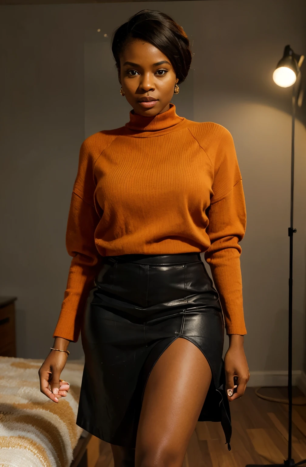 Create a realistic depiction of an African lady who is smartly dressed in modern clothes that are chic, flirty, sexy and respectable . Her outfit should prominently feature orange color . She should have a very very thick build and appear realistic." She should be standing  perfect posture, her legs criss crossed in a photo studio posing confidently for the camera. She should be 23 years old.
