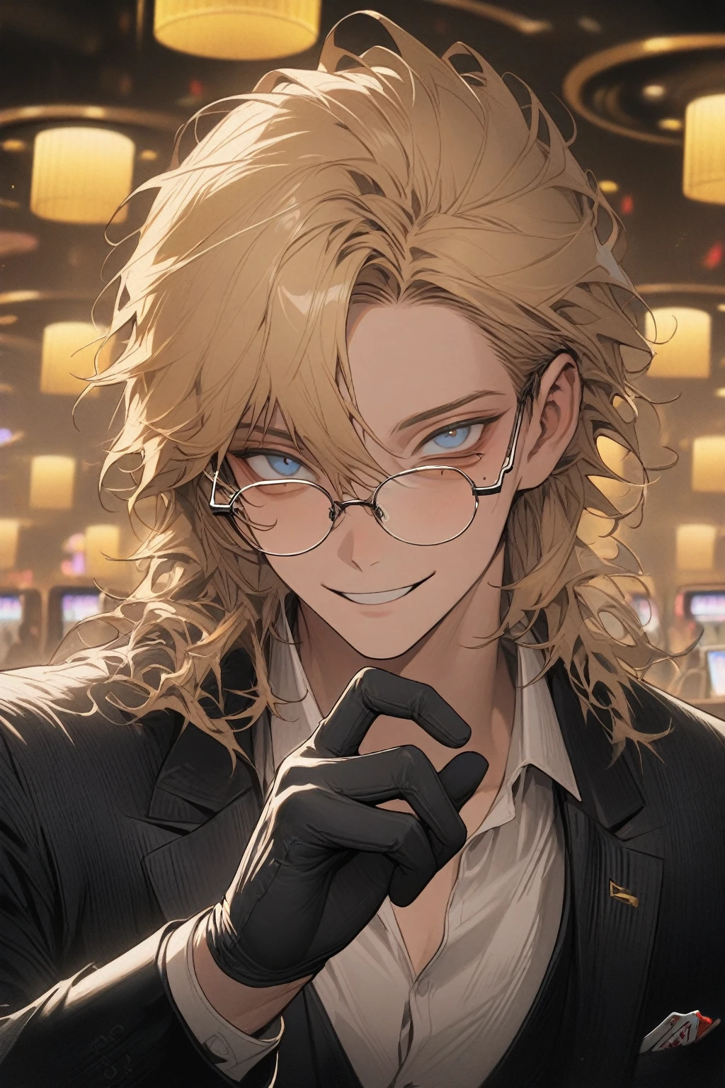 1 guy, blue eyes, blond hair, long disheveled hair, looks at the viewer, sly smile, bruises under his eyes, wears glasses, wears a rich black suit, white shirt, black watch on his hand, high black gloves, playing cards, casino, yellow light, detailed, beautiful, delicate tones, upper body