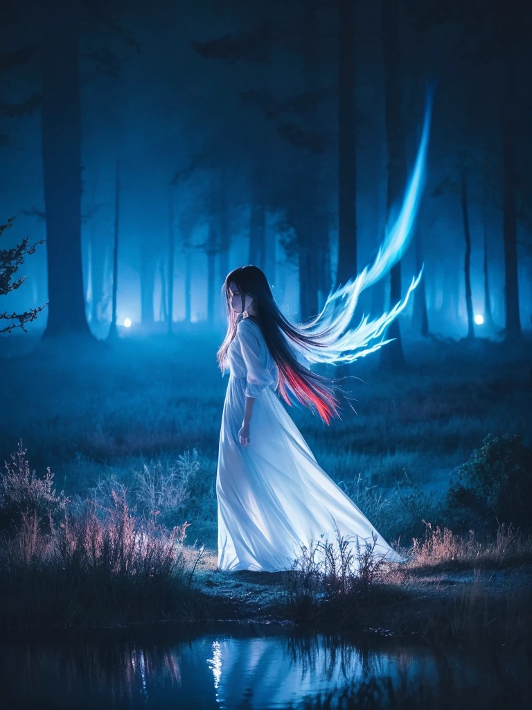 Blue Flame、ghost、Dark Forest、night、深night、Red eyes、Apparition、mysterious、lake、Foggy、turn around、spirit、Illusion、woman、turn around、Hair fluttering in the wind、Copyright circumvention、Blue light、red eyes、lake