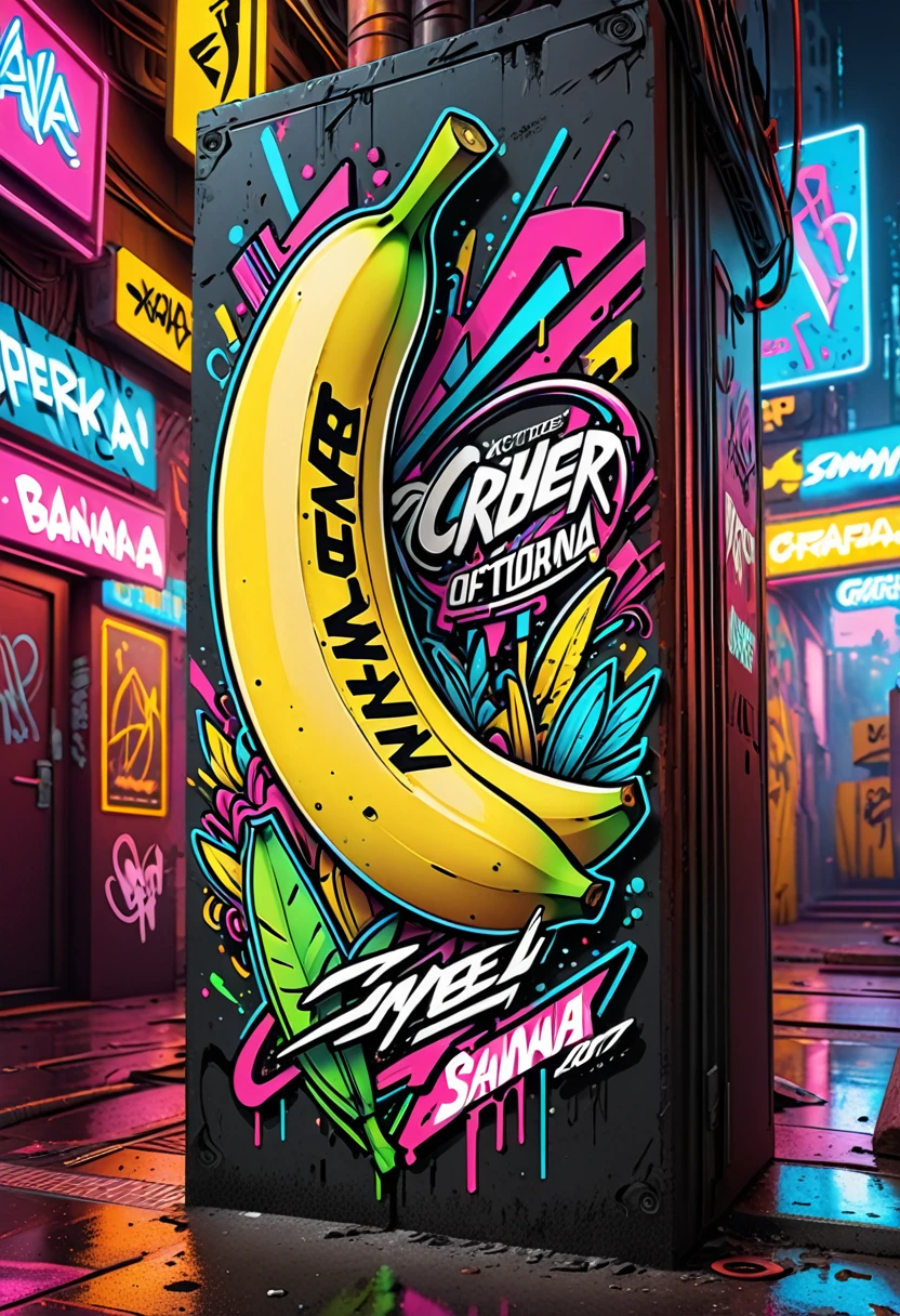art vectoriel,Create a sticker illustration of a banana inspired by the video game Cyberpunk 2077 with a 2D graffiti effect. The sticker should maintain the shape of a banana with a prominent white outline around the edges. The interior of the banana should be stylized with the following elements in a graffiti style:
- A deep matte black peel symbolizing the dark streets of Night City.
- Blue neon circuit lines running across the banana’s surface, resembling cybernetic implants, with a spray-paint texture.
- The "Samurai" logo near the tip of the banana, designed in a graffiti font and style.
- Stickers of in-game brands like Arasaka and Militech, and gang symbols like "The Moxes", all depicted with a street art aesthetic.
- Modernized tribal tattoo motifs and hacking icons in red and green neon, rendered with a graffiti effect.
- Sections with light effects mimicking the neon lights of Night City, with a pulsating spray-paint effect around the circuits.
- A small, metallic chrome-plated label near the base with the inscription "Cyber Choice" in a graffiti font.
The illustration should be vibrant, edgy, and high-tech, with the stylized interior capturing the futuristic and dystopian ambiance of Cyberpunk 2077, all within the iconic shape of a banana and infused with a 2D graffiti style.
