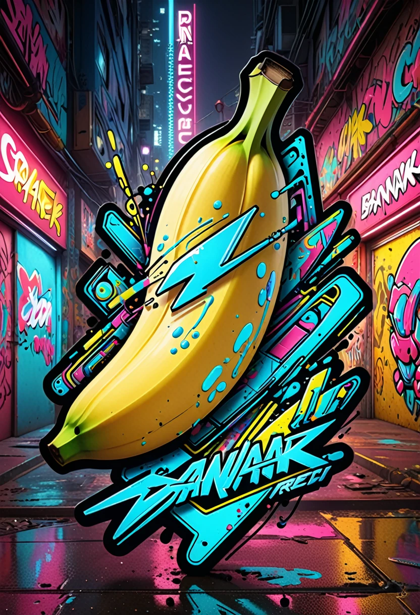 art vectoriel,Create a sticker illustration of a banana inspired by the video game Cyberpunk 2077 with a 2D graffiti effect. The sticker should maintain the shape of a banana with a prominent white outline around the edges. The interior of the banana should be stylized with the following elements in a graffiti style:
- A deep matte black peel symbolizing the dark streets of Night City.
- Blue neon circuit lines running across the banana’s surface, resembling cybernetic implants, with a spray-paint texture.
- The "Samurai" logo near the tip of the banana, designed in a graffiti font and style.
- Stickers of in-game brands like Arasaka and Militech, and gang symbols like "The Moxes", all depicted with a street art aesthetic.
- Modernized tribal tattoo motifs and hacking icons in red and green neon, rendered with a graffiti effect.
- Sections with light effects mimicking the neon lights of Night City, with a pulsating spray-paint effect around the circuits.
- A small, metallic chrome-plated label near the base with the inscription "Cyber Choice" in a graffiti font.
The illustration should be vibrant, edgy, and high-tech, with the stylized interior capturing the futuristic and dystopian ambiance of Cyberpunk 2077, all within the iconic shape of a banana and infused with a 2D graffiti style.