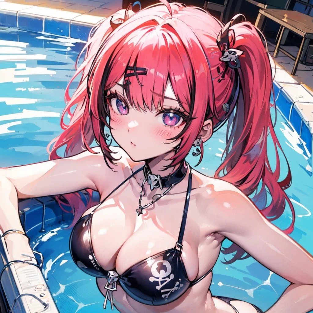 blue necklace, Gold earrings, fit, Gorgeous body, nice, Large pupils, (23 years old), One girl,alone, Complex skin, Warm Light, (Large Breasts), wide thighs, Round ass, Five fingers, ((Blushing)), ((Detailed face, Highest quality)),(beautiful細部までこだわった目), Red lips, eye shadow, beautiful顔, Long Hair, Very fine grain, intricate details of the eye, Perfect Lips, Good lighting, ((masterpiece, Highest quality, High resolution, Super detailed),(beautifully、審美的にもbeautiful:1.2, Showing off the most body), 1 female, High short ponytail, beautiful, Detailed eyes and face, Amazing cleavage , ((Tiny top and latex panty bottoms)), swimming pool, Complex parts,