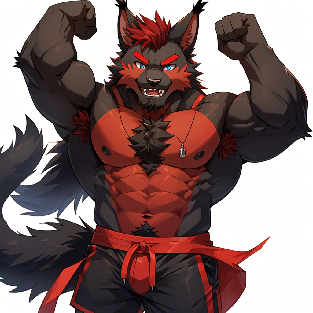(Furry lynx cat), (chibi)), (body fully covered in black fur), (fully covered in black fur), (black fur), sharp fangs, sharp teeth, summer shorts outfit, cute, blue eyes, red chest hair, red eyebrows, red armpit hair, long black hair, black mane, black nose, black tail, black tail with red tip, red whiskers, happy, smile, correct Anatomy, correct hand, ((white background)), (Acting happy), (hands up), enjoy, ((front view)), full body, sexy, (flexing), (muscle), black tail, black tail red tail tip, red eyebrows, red chest hair, red armpit hair