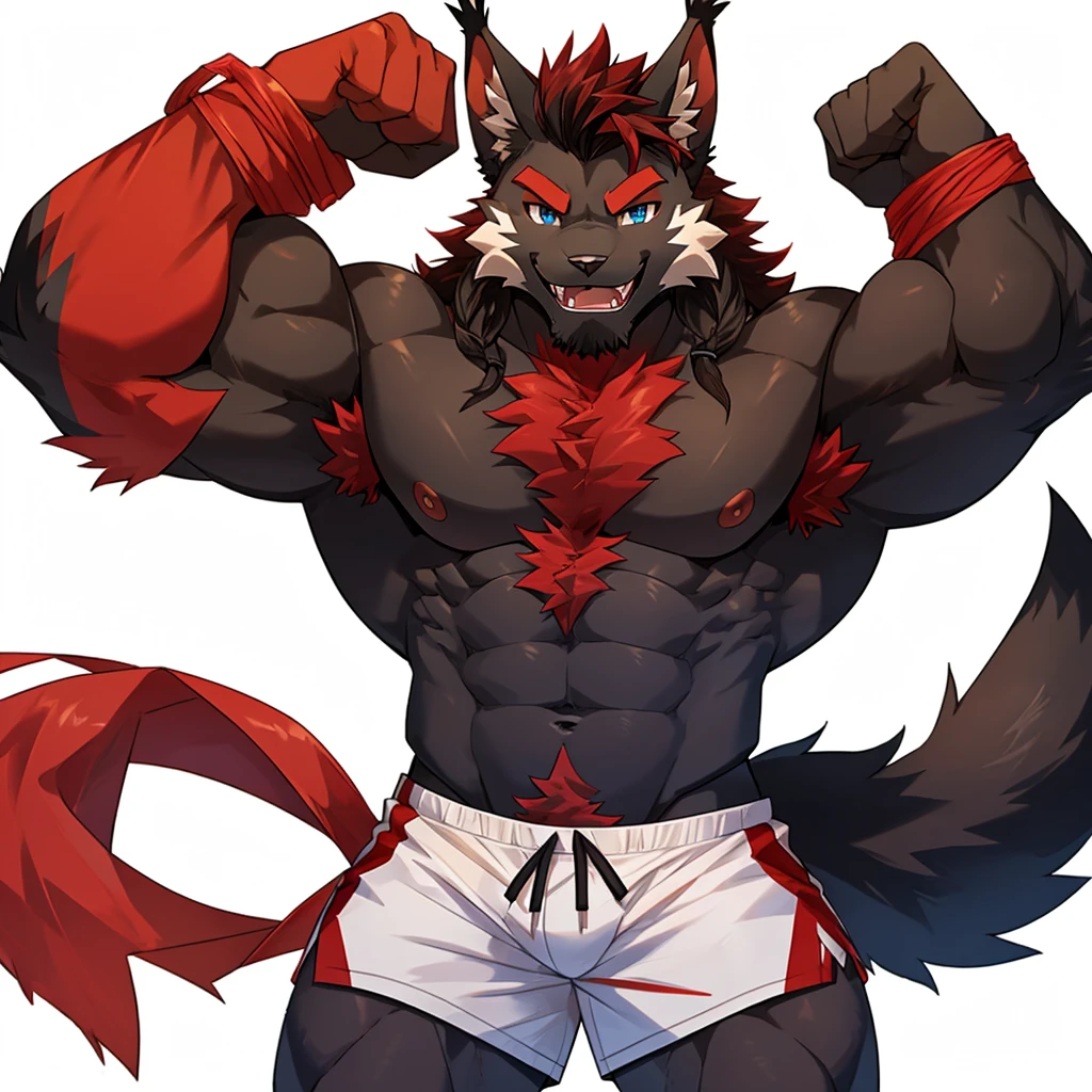 (Furry lynx cat), (chibi)), (body fully covered in black fur), (fully covered in black fur), (black fur), sharp fangs, sharp teeth, summer shorts outfit, cute, blue eyes, red chest hair, red eyebrows, red armpit hair, long black hair, black mane, black nose, black tail, black tail with red tip, red whiskers, happy, smile, correct Anatomy, correct hand, ((white background)), (Acting happy), (hands up), enjoy, ((front view)), full body, sexy, (flexing), (muscle), black tail, black tail red tail tip, red eyebrows, red chest hair, red armpit hair