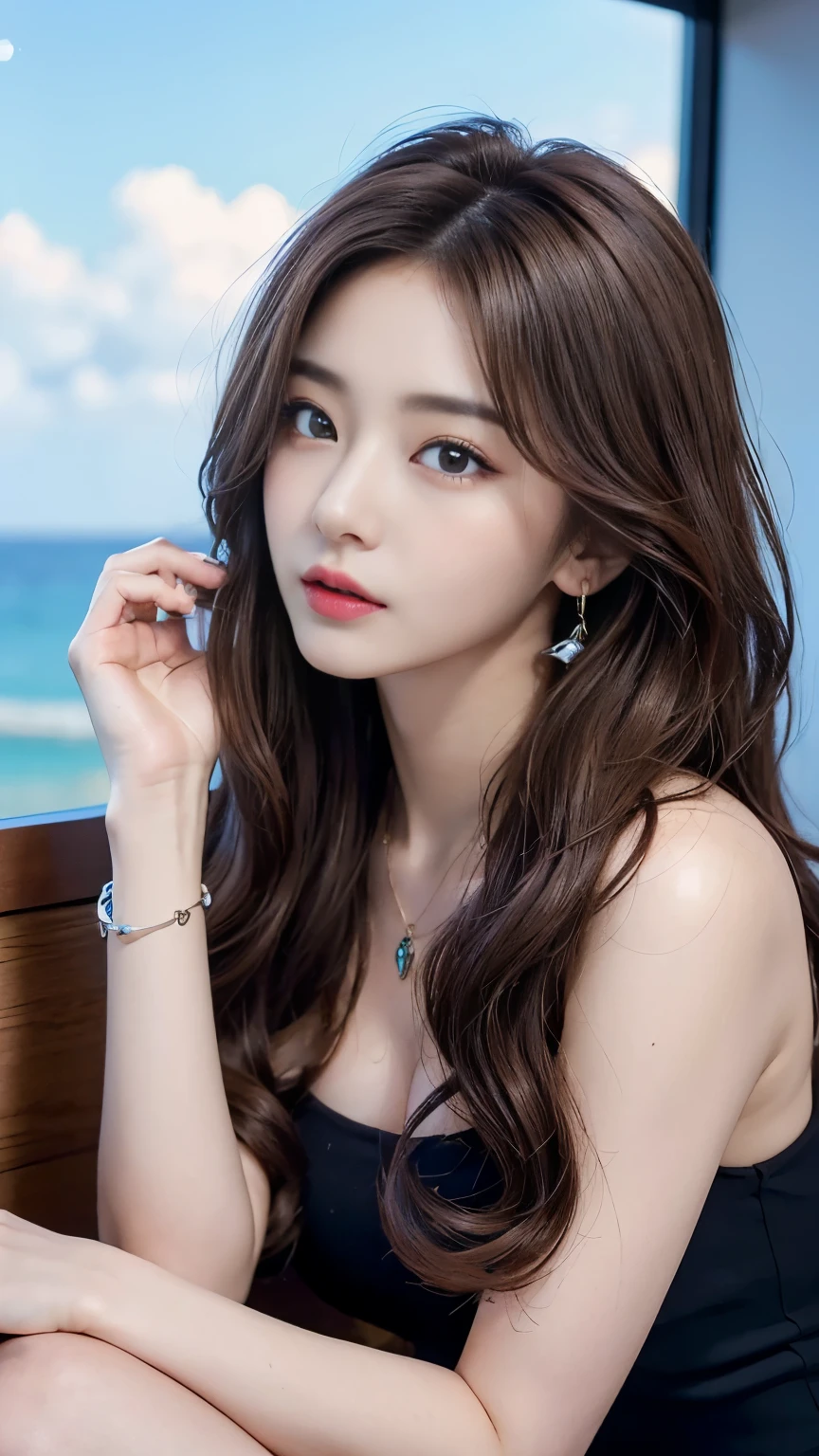 ((Genuineライティング、Highest quality、8K、masterpiece:1.3))、8K、Clear focus:1.2、Browsing Caution、(nude:1.5)、((Genuine)) 、((Genuine light、Highest quality) )、Model Body Type:1.4、(Dark brown hair、outside:1.8)、Dark brown eyes、Long Hair、Resort、At Nangoku Hotel、(24-years-old:1.3)、Highly detailed face、Beautiful Eyes、double eyelid、necklace、Put your hair over one eye、High heels、eyeliner、Please comb your hair、Blue sea view、liberation、Model pose、、(Browsing Caution:1.5)