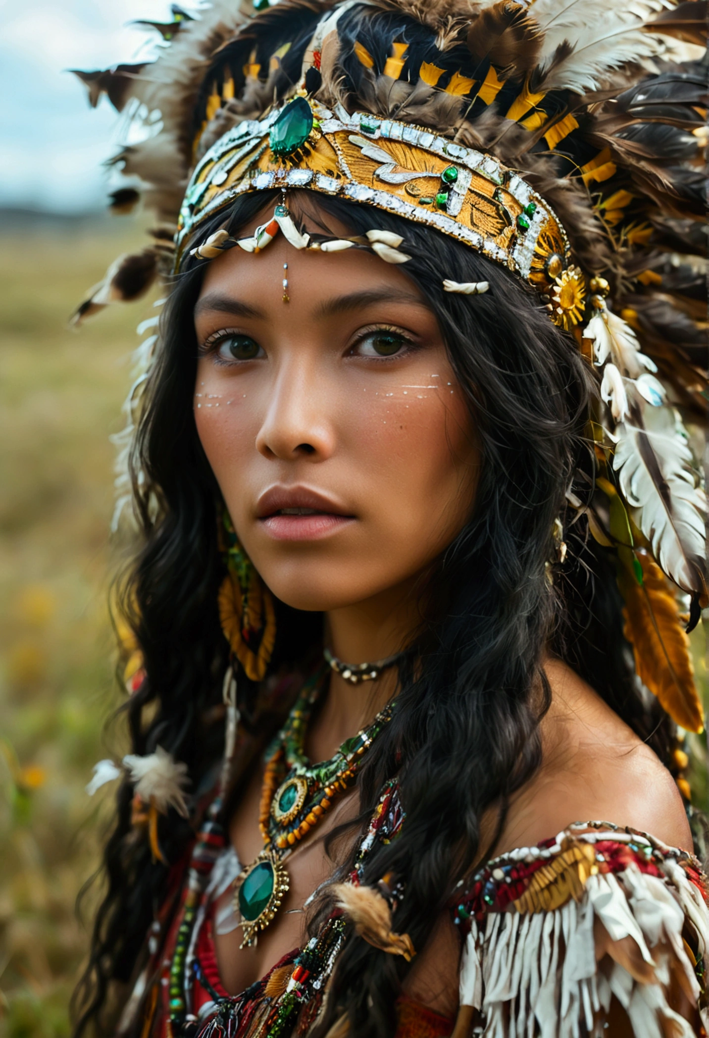 (masterpiece, Portraiture:1.2), (Photographing the attractive face of a Native American woman。:1.2), (Her black hair was scattered like midnight, Her characteristic composition:1.1), (Her eyes are a striking green, Reflecting a deep connection to the land:1.2), (A Cherokee tiara is on her head.:1.3), (Wearing traditional and intricate indigenous clothing，Telling a story:1.2), (Her slender figure exudes strength and grace.:1.1), (Spread across the vast grasslands，Grass and wildflowers thrive:1.1), (Nikon D850 Camera, Known for capturing vibrant landscapes:1.2), (Nikon AF-S NIKKOR 85mm f/2.8 in/1.8G lens，Used to capture subtle expressions:1.2), (The sun casts a warm glow on her face and the landscape:1.1), (Her sweet smile conveys a sense of connection and joy.:1.1), (The intricate details of her headdress symbolize her cultural heritage.:1.1), (Traditional clothing adds depth and authenticity to your photos:1.1), (The camera lens captures the intricate textures of her clothing and the rich colors of the landscape.:1.1), (Her presence evokes a sense of awe and dignity.:1.1), (Step environment is、In keeping with her Indigenous roots and cultural significance:1.1), (This moment、It captures the proud spirit of Native American women living on the land of their ancestors.。:1.1), (An image that resonates with tradition, Identity, And natural beauty:1.1)), Cinematic, Super detailedな, Extremely detailed, Beautiful color gradation, Fantastic engine, Degree , Super Resolution, Megapixels, Cinematic lightning, Anti-aliasing, FKA, Thai, RTTX 10.0, SSAO, Post-processing, Post-production, Tone Mapping, .CG-10 ..., Visual Effects, Special effects, Highly detailed and exquisite, Hypermaximalist, Ultra-photorealism, volume, Realistic, Ultra-realistic, Super detailed, Intricate details, Very detailed, Full Color, volumeライトニング, High resolution, Realistic, Fantastic engine, 16K, Sharp focus, Rendering with Octane, Valkyrie