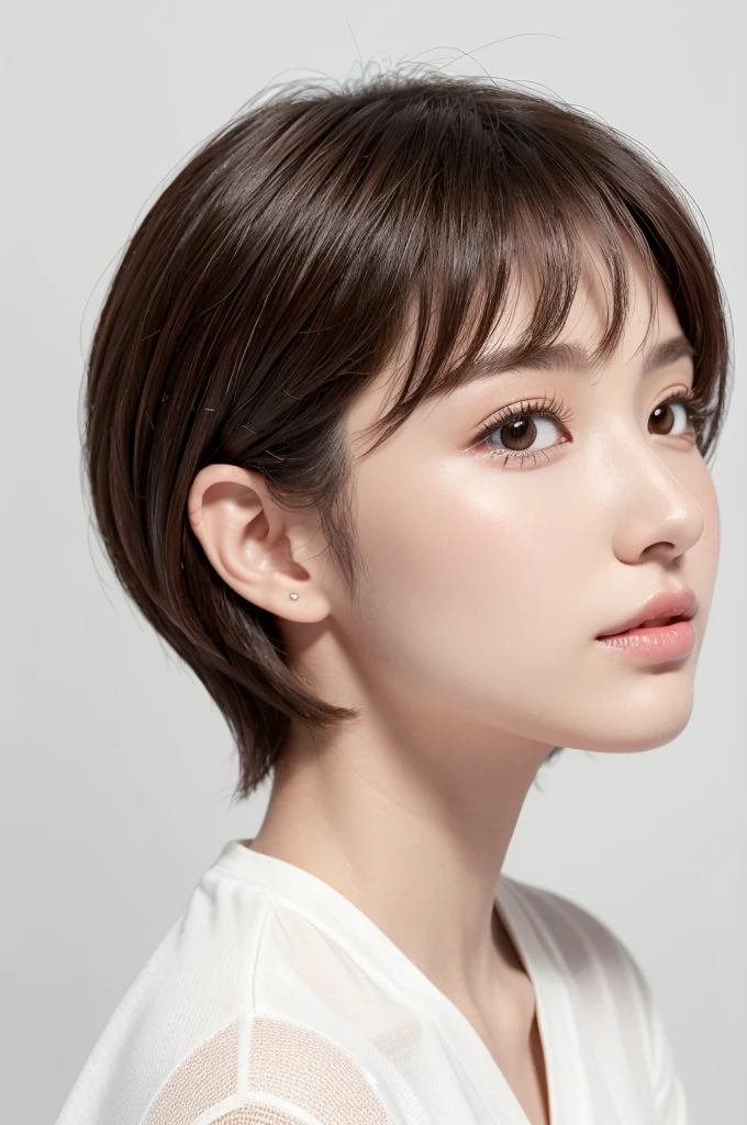 (Highest quality、Tabletop、8K、Best image quality、Award-winning works)、((profile:1.4))、ear、((short hair:1.46)),(Brown Hair)、(White casual clothes:1.2)、(The simplest pure white background:1.3)、(Perfectly fixed in front:1.1),(Portrait with Space:1.2)、Beautiful and exquisite、Perfect Makeup、Ultra-high definition beauty face、Ultra HD Hair、Ultra HD Shining Eyes、Super high quality glossy lip、Accurate anatomy、Very beautiful skin、(Pure white skin shining in ultra-high resolution:1.1)、(Very bright:1.2),Big Natural Color Lip、Lip gloss,Harajuku、cute、cute美人