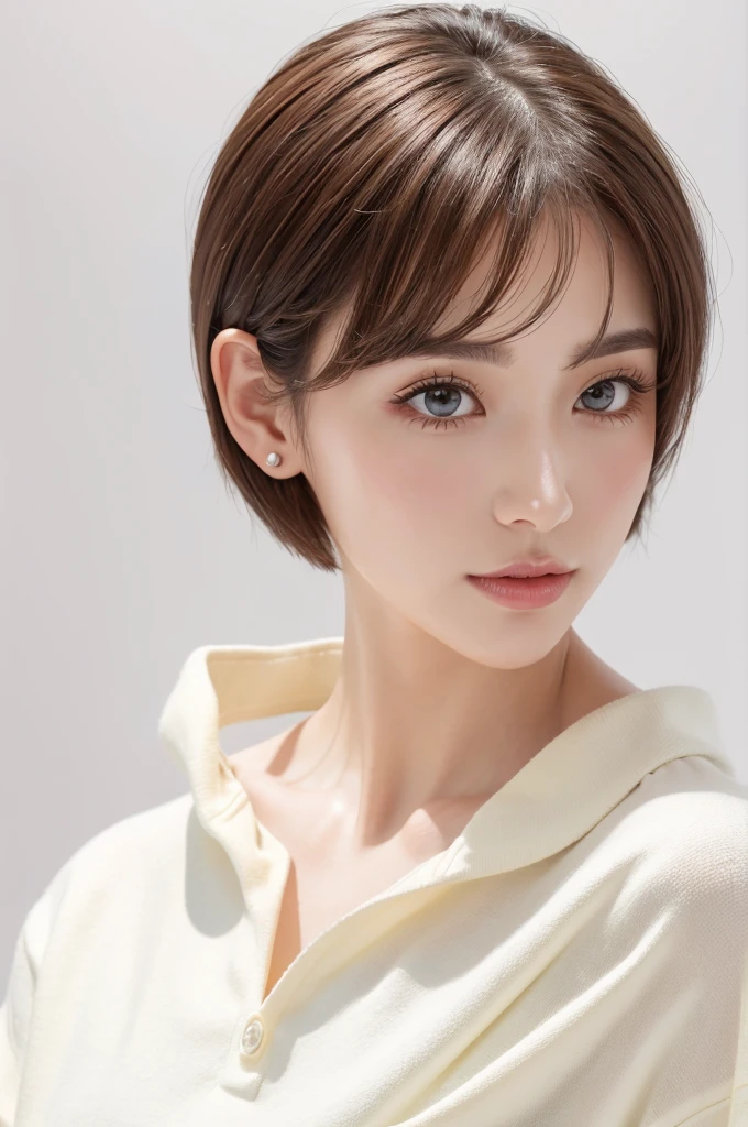 (Highest quality、Tabletop、8K、Best image quality、Award-winning works)、((profile:1.4))、ear、((short hair:1.46)),(Brown Hair)、(White casual clothes:1.2)、(The simplest pure white background:1.3)、(Perfectly fixed in front:1.1),(Portrait with Space:1.2)、Beautiful and exquisite、Perfect Makeup、Ultra-high definition beauty face、Ultra HD Hair、Ultra HD Shining Eyes、Super high quality glossy lip、Accurate anatomy、Very beautiful skin、(Pure white skin shining in ultra-high resolution:1.1)、(Very bright:1.2),Big Natural Color Lip、Lip gloss,Harajuku、cute、cute美人