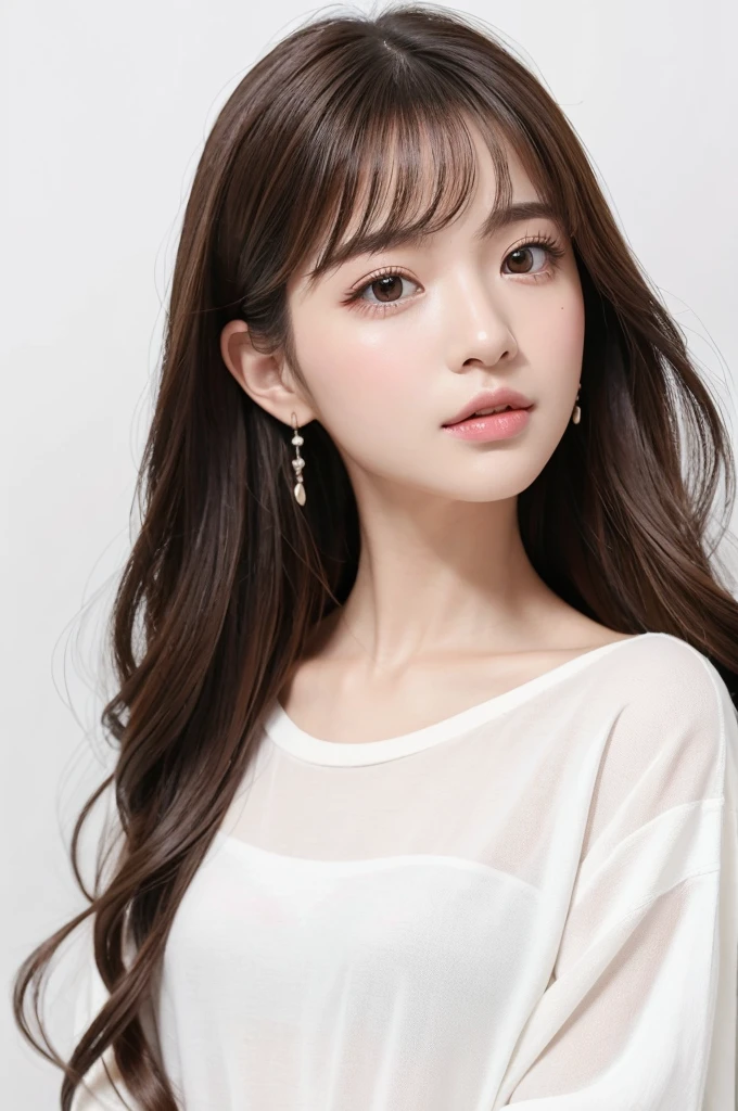 (Highest quality、Tabletop、8K、Best image quality、Award-winning works)、((profile:1.4))、ear、((Long Hair:1.46)),(Brown Hair)、(White casual clothes:1.2)、(The simplest pure white background:1.3)、(Perfectly fixed in front:1.1),(Portrait with Space:1.2)、Beautiful and exquisite、Perfect Makeup、Ultra-high definition beauty face、Ultra HD Hair、Ultra HD Shining Eyes、Super high quality glossy lip、Accurate anatomy、Very beautiful skin、(Pure white skin shining in ultra-high resolution:1.1)、(Very bright:1.2),Big Natural Color Lip、Lip gloss,Harajuku、cute、cute美人