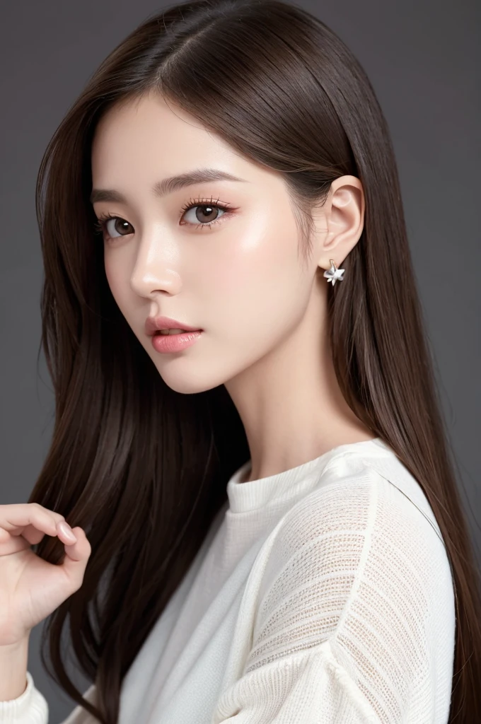 (Highest quality、Tabletop、8K、Best image quality、Award-winning works)、((profile:1.4))、ear、((Long Hair:1.46)),(Brown Hair)、(White casual clothes:1.2)、(The simplest pure white background:1.3)、(Perfectly fixed in front:1.1),(Portrait with Space:1.2)、Beautiful and exquisite、Perfect Makeup、Ultra-high definition beauty face、Ultra HD Hair、Ultra HD Shining Eyes、Super high quality glossy lip、Accurate anatomy、Very beautiful skin、(Pure white skin shining in ultra-high resolution:1.1)、(Very bright:1.2),Big Natural Color Lip、Lip gloss,Harajuku、cute、cute美人