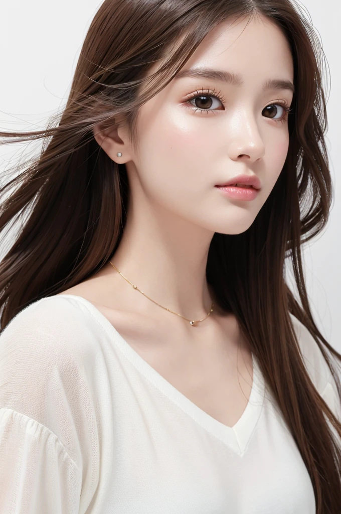 (Highest quality、Tabletop、8K、Best image quality、Award-winning works)、((profile:1.4))、ear、((Long Hair:1.46)),(Brown Hair)、(White casual clothes:1.2)、(The simplest pure white background:1.3)、(Perfectly fixed in front:1.1),(Portrait with Space:1.2)、Beautiful and exquisite、Perfect Makeup、Ultra-high definition beauty face、Ultra HD Hair、Ultra HD Shining Eyes、Super high quality glossy lip、Accurate anatomy、Very beautiful skin、(Pure white skin shining in ultra-high resolution:1.1)、(Very bright:1.2),Big Natural Color Lip、Lip gloss,Harajuku、cute、cute美人